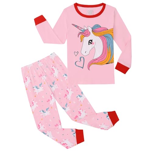 Codkkre Schlafanzug Mädchen Einhorn Kinder Pyjama Baumwolle Langarm Winter Unicorn Schlafanzüge Zweiteiliger Größe 128, Rosa/Einhorn 2 von Codkkre