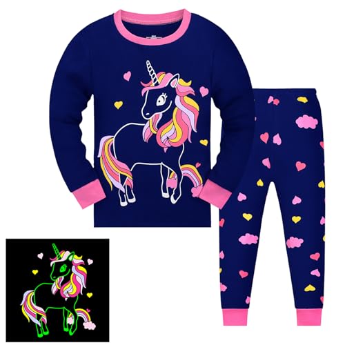 Codkkre Schlafanzug Mädchen Einhorn Kinder Pyjama Baumwolle Langarm Winter Unicorn Schlafanzüge Zweiteiliger Größe 134, Glow in The Dark/Einhorn von Codkkre