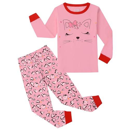 Codkkre Schlafanzug Mädchen Katze Kinder Pyjama Baumwolle Langarm Winter Cat Schlafanzüge Zweiteiliger Größe 110, Rosa/Katze von Codkkre