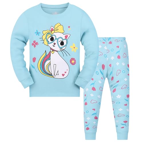 Codkkre Schlafanzug Mädchen Katze Kinder Pyjama Baumwolle Langarm Winter Cat Schlafanzüge Zweiteiliger Größe 152, Hellblau/Katze von Codkkre