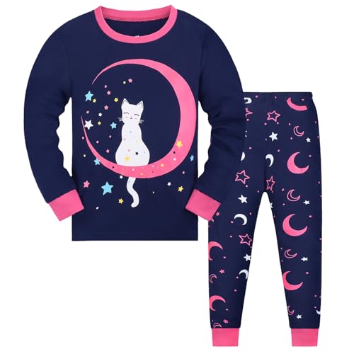 Codkkre Schlafanzug Mädchen Katze Kinder Pyjama Baumwolle Langarm Winter Cat Schlafanzüge Zweiteiliger Größe 98, Marineblau/Katze von Codkkre