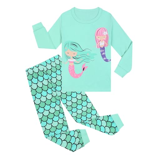Codkkre Schlafanzug Mädchen Meerjungfrau Kinder Pyjama Baumwolle Langarm Winter Unicorn Schlafanzüge Zweiteiliger Größe 140, Grün/Meerjungfrau von Codkkre
