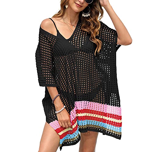 Codkkre Strandkleider Damen Sommer Bikini Cover Up Strandkleid Damen Häkelkleid Damen Gestrickte Strandkleid Seitenspalt V-Ausschnitt Aushöhlen Einheitsgröße Kimono Damen Strand Schwarz von Codkkre