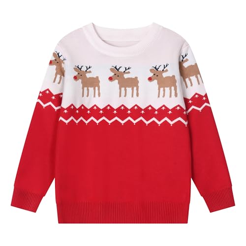 Codkkre Weihnachtspullover Kleinkind Weihnachts Sweatshirt Kinder Mädchen Jungen Weihnachten Pullover Baby Junge Weihnachtspulli Weihnachtskleidung (Weihnachtselch/Weiß Rot 1, 116) von Codkkre