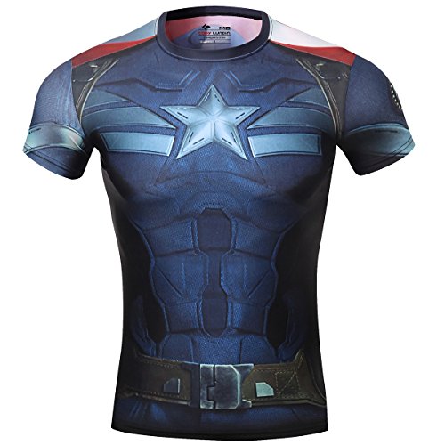 Cody Lundin Herren Damen Superhelden Kompression Hero Captain T-Shirt Sweethearts Outfit für Laufen, Turnier, Party, fantastische Paare, Sportbekleidung, Kostüme Gr. XXL, Captain America 2 von Cody Lundin