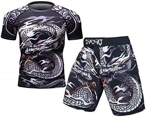 Cody Lundin Herren Kompressions-Shorts Kurzarm und Thai-Shorts Fight MMA Kickboxen Shorts Training Sport Anzug für Herren, Stil B, XL von Cody Lundin