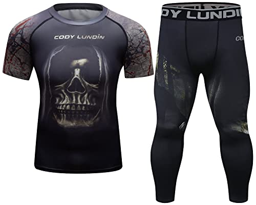 Cody Lundin Kompressionsset Herren Kurzarm Kompressionsshirt und Hose Top Shirt Kurzarm Sport Enge Basisschicht Schnell Trocknen Fitness, Stil G, L von Cody Lundin