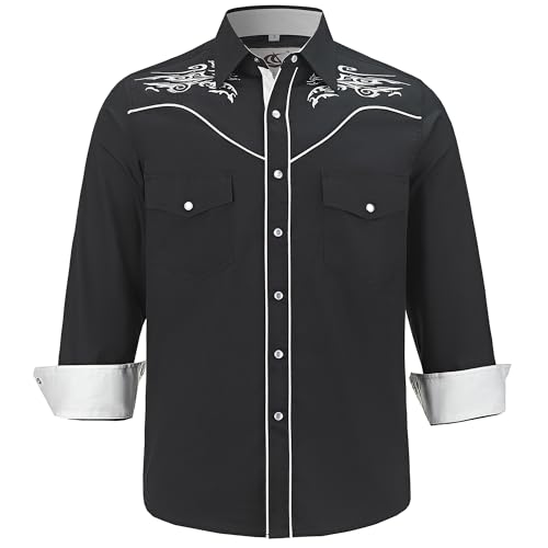 COEVALS CLUB Herren Western Cowboy Langarm Snap Stickerei Hemden Casual Button Down Hemd mit Taschen, 1# Schwarz (Muster 1), Mittel von Coevals Club