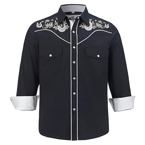 COEVALS CLUB Herren Western Cowboy Langarm Snap Stickerei Hemden Casual Button Down Hemd mit Taschen, 1# Schwarz (Muster 3), XX-Large von Coevals Club
