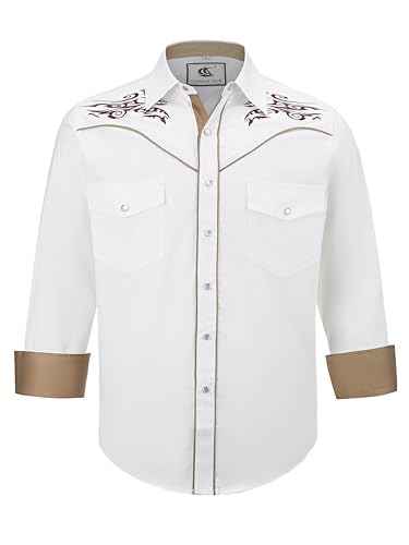 COEVALS CLUB Herren Western Cowboy Langarm Snap Stickerei Hemden Casual Button Down Hemd mit Taschen, 2# Weiß (Muster 1), L von Coevals Club