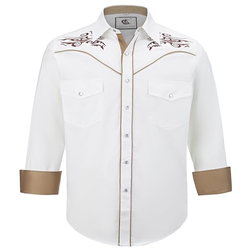 COEVALS CLUB Herren Western-Cowboy-Hemd, langärmelig, mit Schnappverschluss, bestickt, lässig, Button-Down-Shirt mit Taschen, 2# Weiß (Muster 1), L von Coevals Club