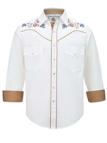 COEVALS CLUB Herren Western-Cowboy-Hemd, langärmelig, mit Schnappverschluss, bestickt, lässig, Button-Down-Shirt mit Taschen, 2# Weiß (Muster 2), L von Coevals Club