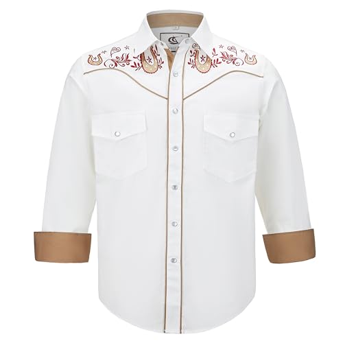 COEVALS CLUB Herren Western Cowboy Langarm Snap Stickerei Hemden Casual Button Down Hemd mit Taschen, 2# Weiß (Muster 3), Mittel von Coevals Club