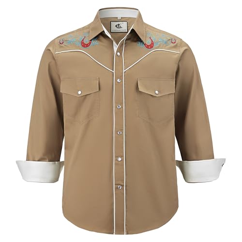 COEVALS CLUB Herren Western Cowboy Langarm Snap Stickerei Hemden Casual Button Down Hemd mit Taschen, 3# Khaki (Muster 3), XX-Large von Coevals Club