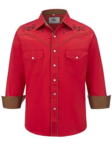 COEVALS CLUB Herren Western Cowboy Langarm Snap Stickerei Hemden Casual Button Down Hemd mit Taschen, 4# Rot (Muster 1), XL von Coevals Club