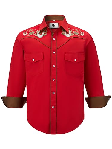 COEVALS Club Herren Western-Cowboy-Hemd, langärmelig, mit Schnappverschluss, Bestickt, lässig, Button-Down-Shirt mit Taschen, 4# Rot (Muster 3), L von Coevals Club