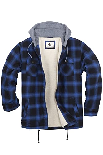 Coevals Club Herren Flanell Jacke Hemd Sherpa Holzfällerhemd Flanellhemd Langarm Kariertes Druckknöpfe Baumwolle Winter Hemd Kapuze (Blau/Schwarz #3 M) von Coevals Club