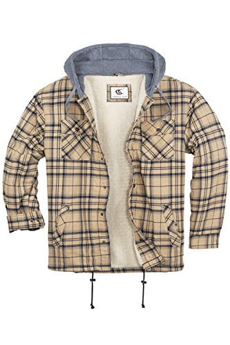 Coevals Club Herren Flanell Jacke Hemd Sherpa Holzfällerhemd Flanellhemd Langarm Kariertes Druckknöpfe Baumwolle Winter Hemd Kapuze (Khaki kariert #5 L) von Coevals Club