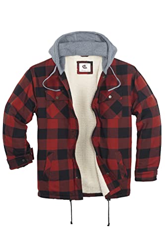 Coevals Club Herren Flanell Jacke Hemd Sherpa Holzfällerhemd Flanellhemd Langarm Kariertes Druckknöpfe Baumwolle Winter Hemd Kapuze (Rot/Schwarz #1 3XL) von Coevals Club