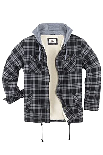 Coevals Club Herren Flanell Jacke Hemd Sherpa Holzfällerhemd Flanellhemd Langarm Kariertes Druckknöpfe Baumwolle Winter Hemd Kapuze (Schwarz/Grau #9 L) von Coevals Club