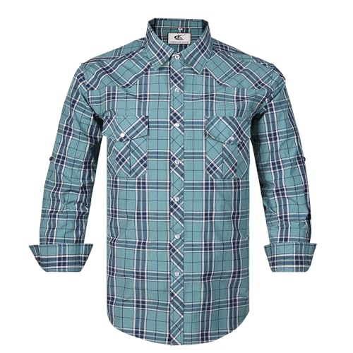 Coevals Club Herren Lässige Druckknöpfen Kariertes Anzug Regular Fit Langarm Bügelleichtes Business Trachten Hemd (Beryllgrün kariert #40 2XL) von Coevals Club