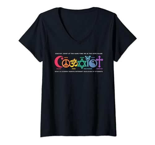 Damen Coexist Hippie Islamischer Hindu-Mann Frau Jüdisches Hemd Coexist T-Shirt mit V-Ausschnitt Damen Coexist Hippie Islamischer Hindu-Mann Frau Jüdisches Hemd Coexist T-Shirt mit V-Ausschnitt von Coexist Exist In Harmony Apparel