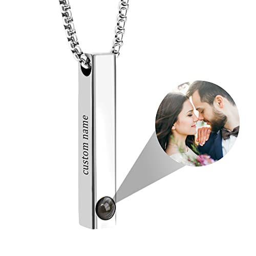 Personalisierte Foto Projektion Halskette Benutzerdefinierte Gravierbar Name/Text Vertikale Balken Anhänger mit Bild im Inneren, Schmuck Geschenk für Männer Frauen (Silber) von Cofest