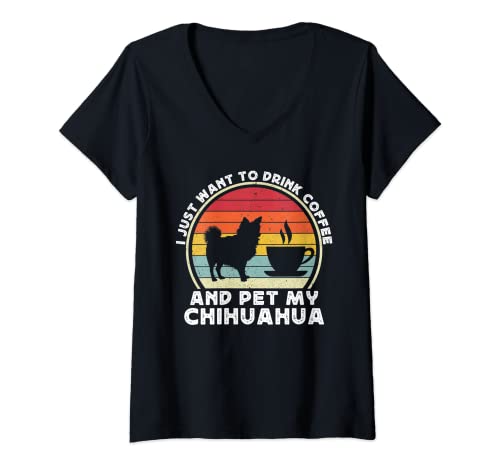 Damen Chiwawa Hunde-Mutter mit langen Haaren für Kaffee und Chihuahua T-Shirt mit V-Ausschnitt von Coffee And Chihuahuas Dog Lover Cute Tees