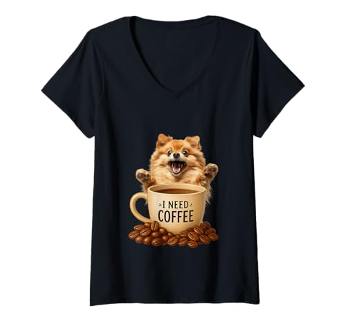 Damen Lustiger Kaffee für Hunde mit Aufschrift I Need Coffee Puppy, Pommerscher T-Shirt mit V-Ausschnitt Damen Lustiger Kaffee für Hunde mit Aufschrift I Need Coffee Puppy, Pommerscher T-Shirt mit V-Ausschnitt von Coffee And Funny Puppy