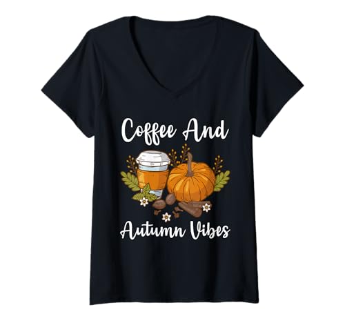 Damen Funny Fall Coffee Pumpkin Latte Coffee Autumn Vibes Spice T-Shirt mit V-Ausschnitt Damen Funny Fall Coffee Pumpkin Latte Coffee Autumn Vibes Spice T-Shirt mit V-Ausschnitt von Coffee Autumn Vibes Spice Coffee Tees