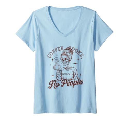 Damen Coffee Books No People Skelett Kunst T-Shirt mit V-Ausschnitt Damen Coffee Books No People Skelett Kunst T-Shirt mit V-Ausschnitt von Coffee Books Introvert Humor Relax Vibes