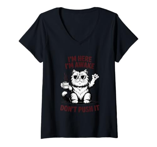 Damen Ich bin hier Ich bin wach Don't Push It Cat Attitude T-Shirt mit V-Ausschnitt Damen Ich bin hier Ich bin wach Don't Push It Cat Attitude T-Shirt mit V-Ausschnitt von Coffee Cat Humor Morning Vibes Sassy