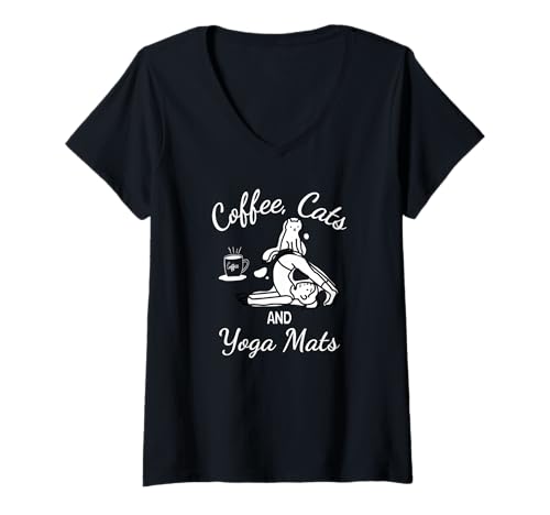 Damen Damen Kaffeekatzen & Yogamatten – Lustige Nameowste Yoga-Katzen T-Shirt mit V-Ausschnitt Damen Damen Kaffeekatzen & Yogamatten – Lustige Nameowste Yoga-Katzen T-Shirt mit V-Ausschnitt von Coffee Cats & Yoga Mats Namaste Cat & Coffee Lover