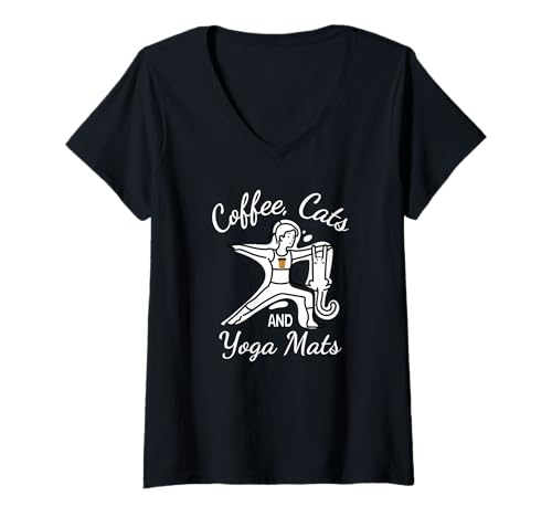 Damen Damen Kaffeekatzen & Yogamatten – Lustige Nameowste Yoga-Katzen T-Shirt mit V-Ausschnitt Damen Damen Kaffeekatzen & Yogamatten – Lustige Nameowste Yoga-Katzen T-Shirt mit V-Ausschnitt von Coffee Cats & Yoga Mats Namaste Cat & Coffee Lover