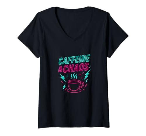 Damen Coffein and Chaos Neon Coffee Funny Humor Design T-Shirt mit V-Ausschnitt Damen Coffein and Chaos Neon Coffee Funny Humor Design T-Shirt mit V-Ausschnitt von Coffee Chaos Vibes Apparel