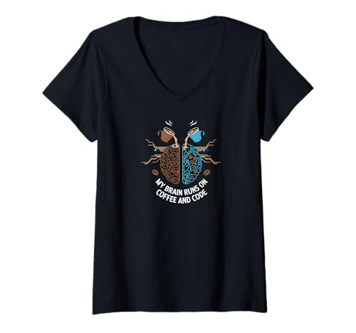 Damen My Brain Runs On Coffee And Code Funny Programmer Design T-Shirt mit V-Ausschnitt Damen My Brain Runs On Coffee And Code Funny Programmer Design T-Shirt mit V-Ausschnitt von Coffee Code Programmer Fuel Apparel
