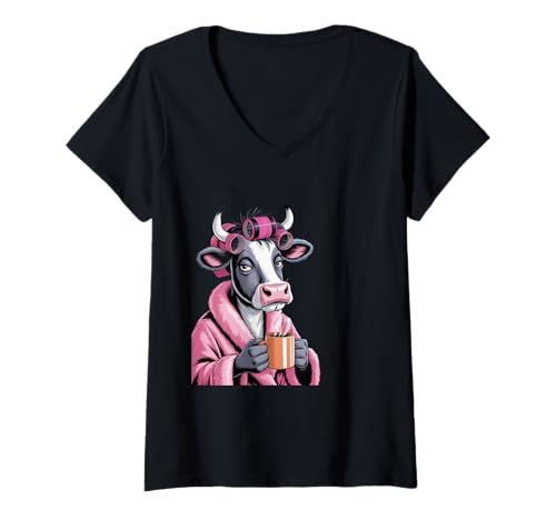 Damen Coffee Cow Morning Animal Funny Tired T-Shirt mit V-Ausschnitt Damen Coffee Cow Morning Animal Funny Tired T-Shirt mit V-Ausschnitt von Coffee Cow Morning Animal Humor Design Co