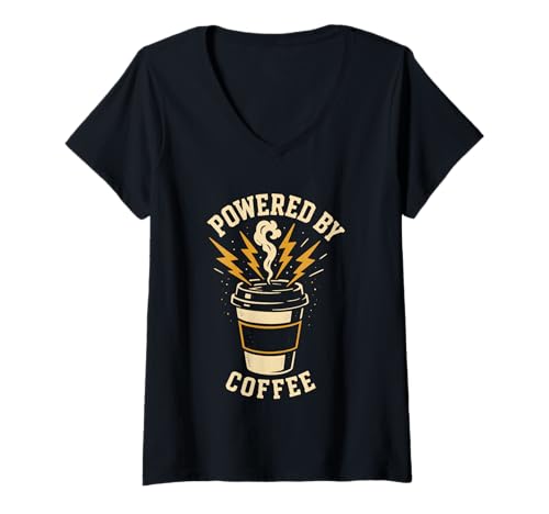 Damen Powered by Coffee Funny Coffein Lover Artwork T-Shirt mit V-Ausschnitt Damen Powered by Coffee Funny Coffein Lover Artwork T-Shirt mit V-Ausschnitt von Coffee Energy s
