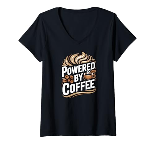 Damen Powered by Coffee Coffein Energy Beans T-Shirt mit V-Ausschnitt von Coffee Enthusiast Lifestyle Brewed Energy