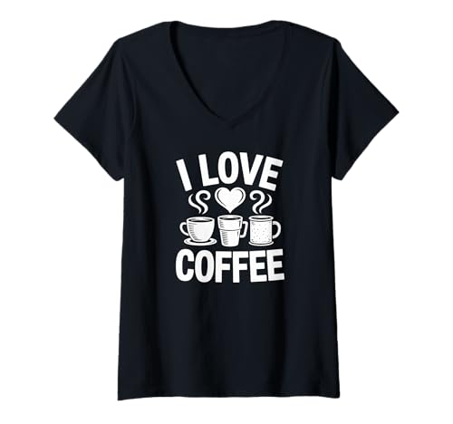 Damen I Love Coffee Steamy Cups Heart Java Addict T-Shirt mit V-Ausschnitt Damen I Love Coffee Steamy Cups Heart Java Addict T-Shirt mit V-Ausschnitt von Coffee Enthusiast Morning Energy Lovers Java