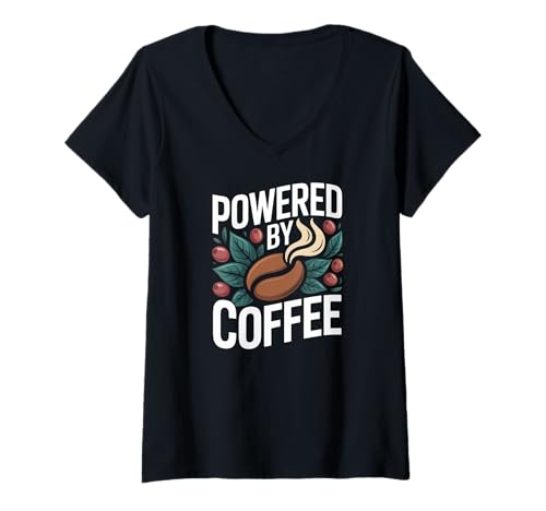 Damen Powered by Coffee Coffein Lovers Design T-Shirt mit V-Ausschnitt Damen Powered by Coffee Coffein Lovers Design T-Shirt mit V-Ausschnitt von Coffee Enthusiasts Morning Boost Beans Caffeine