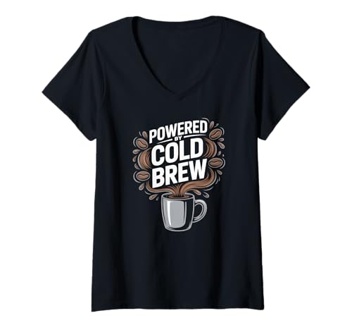 Damen Angetrieben von Cold Brew Enthusiast Fun T-Shirt mit V-Ausschnitt Damen Angetrieben von Cold Brew Enthusiast Fun T-Shirt mit V-Ausschnitt von Coffee Enthusiasts Morning Energy Boost