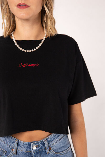 Coffee Fashion Caffé doppio | Besticktes Bio Baumwoll Crop Top von Coffee Fashion