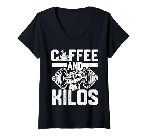 Damen Coffee and Kilos Motivational Gym Fitness Quote T-Shirt mit V-Ausschnitt von Coffee Fitness Enthusiast Powerlifting Passion
