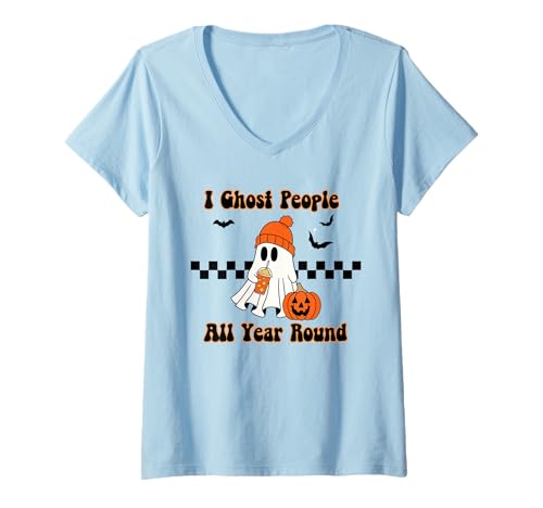 Damen I Ghost People Lustiger Halloween-Spice Latte-Kürbis, das ganze Jahr über T-Shirt mit V-Ausschnitt von Coffee Ghost Club Apparel