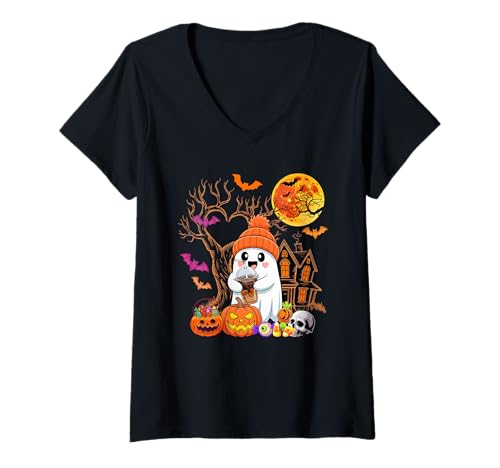 Damen Boo Trinkkaffee Halloween geschnitzt Kürbis lustige Partys T-Shirt mit V-Ausschnitt von Coffee Halloween Costume