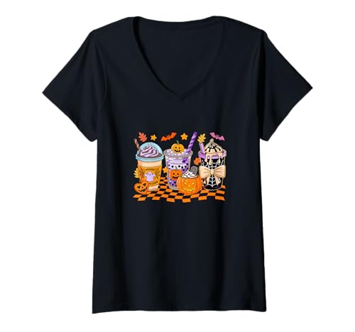 Damen Collection Coffee Cups Halloween Witch Boo Skeleton T-Shirt mit V-Ausschnitt von Coffee Halloween Costume