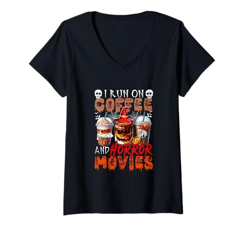 Damen Run On Horror Movies and Coffee Halloween Coffee Lover T-Shirt mit V-Ausschnitt Damen Run On Horror Movies and Coffee Halloween Coffee Lover T-Shirt mit V-Ausschnitt von Coffee Halloween Costume