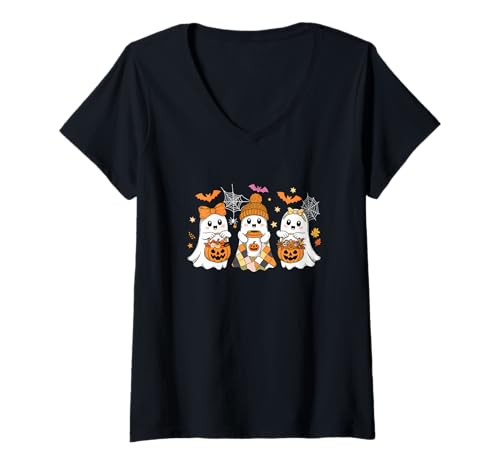 Damen Three Halloween Boos Drinking Coffee Carved Pumpkins Candies T-Shirt mit V-Ausschnitt von Coffee Halloween Costume