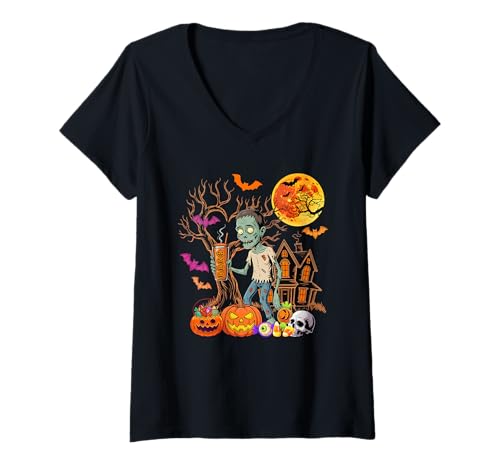Damen Zombie Trinken Kaffee Halloween Geschnitzt Kürbis Liebhaber T-Shirt mit V-Ausschnitt von Coffee Halloween Costume
